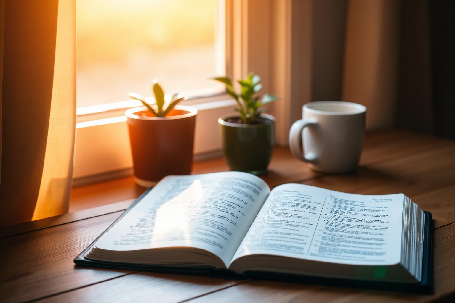 Open Bible by a sunlit window